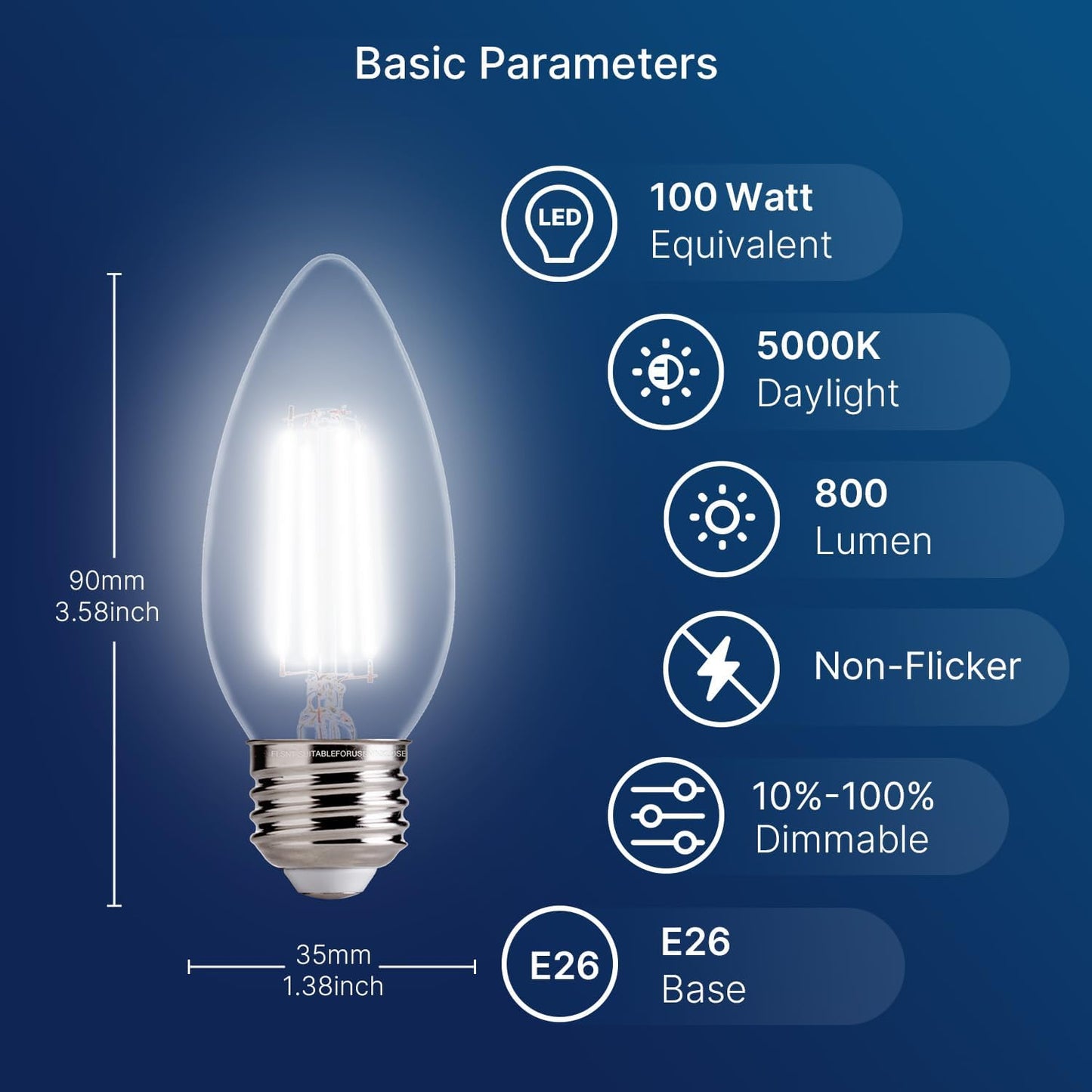 FLSNT 100W Equivalent LED Chandelier Light Bulbs E26 Base, 5000K Daylight Dimmable LED Candelabra Bulbs, 800LM, 12Pack UL,CA65 Listed.