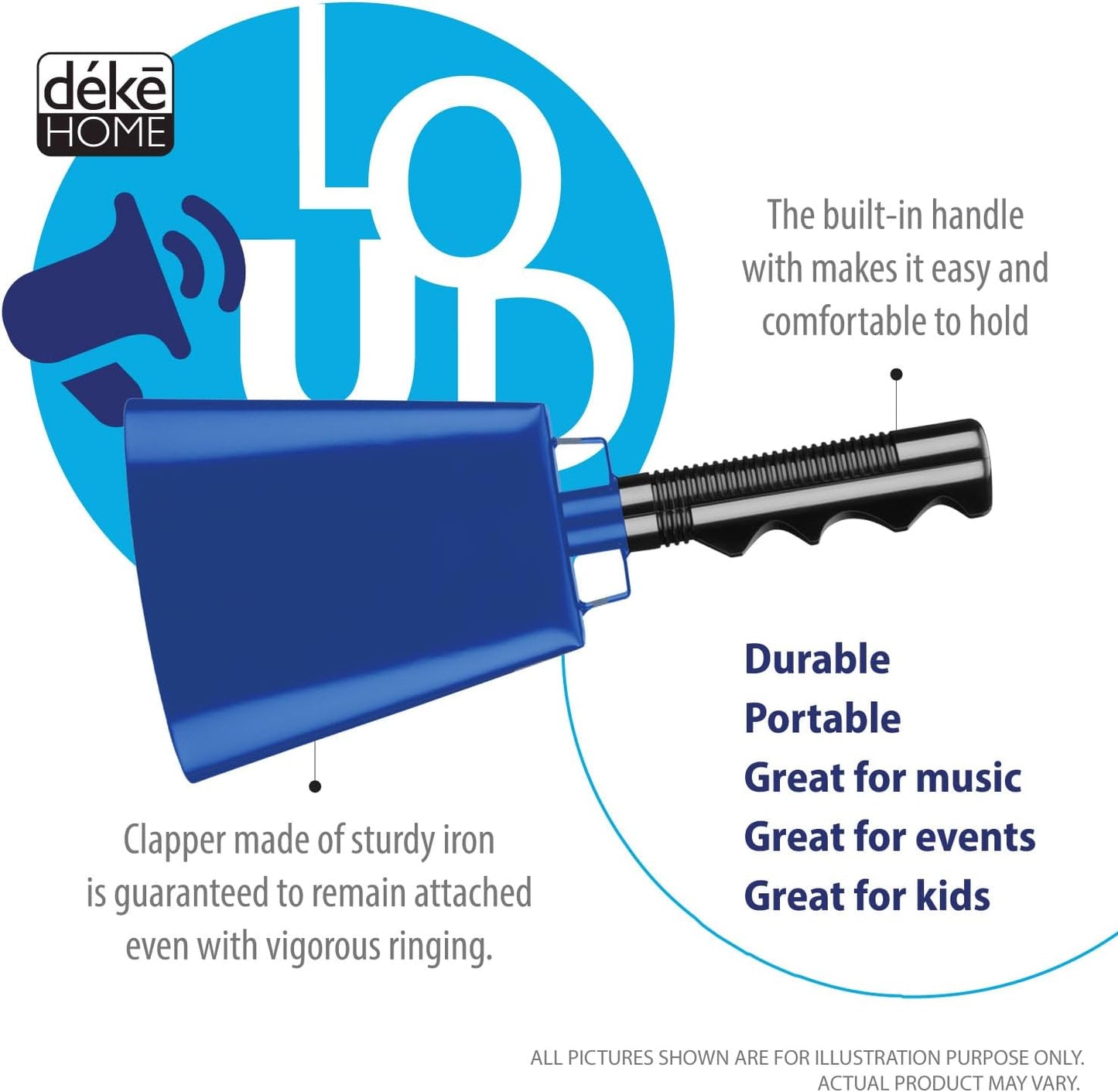 Deke Home - 2 Pack 10 Inch Steel Cowbells with Handle, Loud Noise Makers for Football, Sports, Parties, Competitions, School Spirit & Safety, Large Hand Bell for Cheering & Percussion Instrument