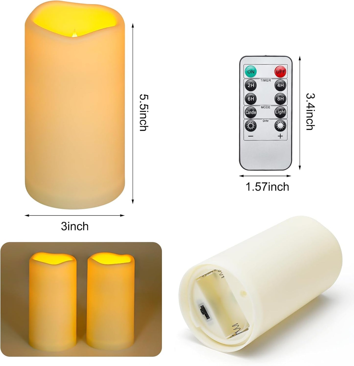 Enido Flameless Candles LED Candles Outdoor Waterproof Candles(D: 3" x H: 6") Battery Operated Plastic Pack of 2 Pillar