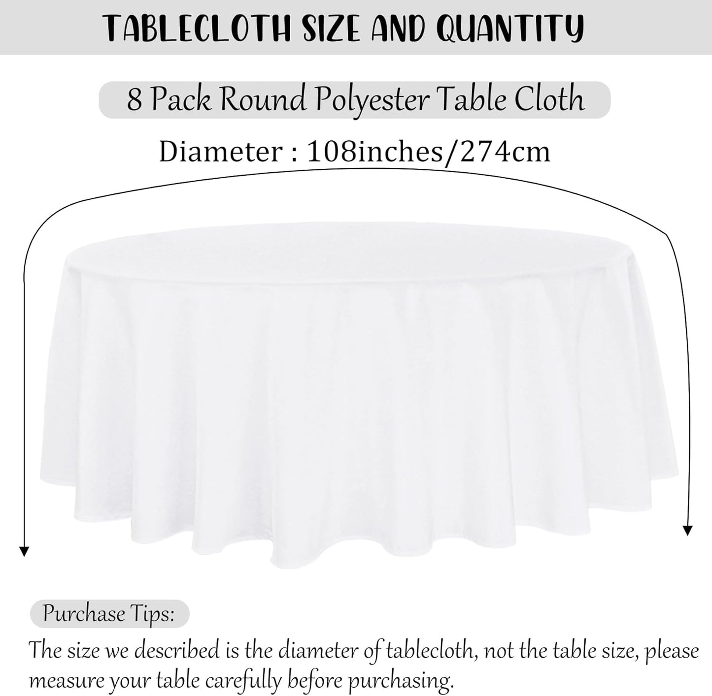 8 Pack Premium Round Tablecloth 108 Inch Round Table Covers Washable Polyester Fabric Round Table Clothes for Wedding Party Reception Banquet Buffet Restaurant (White, 108 Inch)