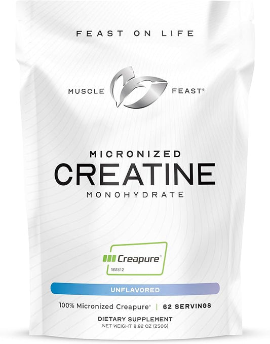 Muscle Feast Creapure - Micronized Creatine Monohydrate Powder | Premium Pre-Workout or Post-Workout | Creatine for Women & Men | Easy to Mix, Vegan, Gluten-Free, Safe and Pure (Unflavored, 250g)
