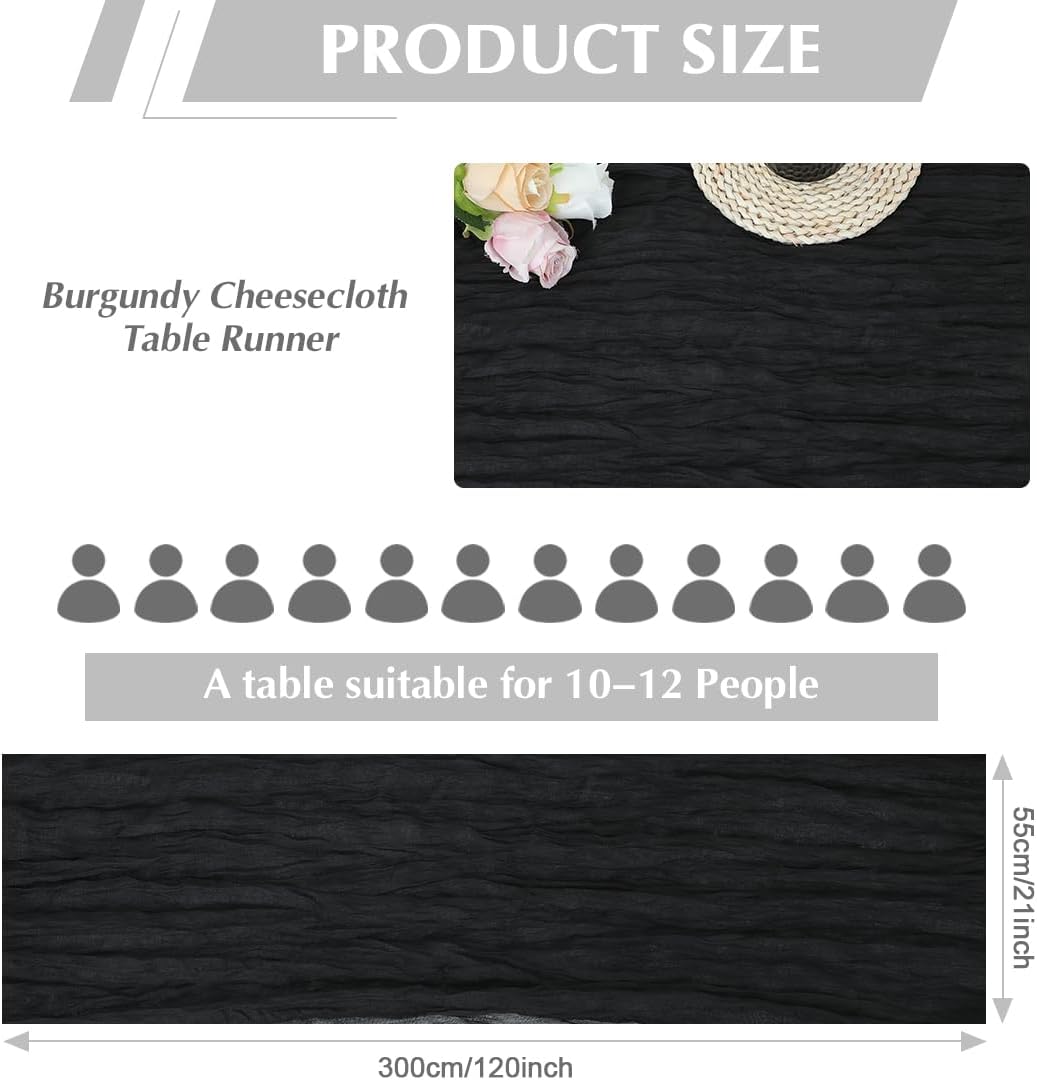 10 Pack Black Cheesecloth Table Runner -21*120Inch Long Boho Wedding Table Decor, Rustic Gauze Fabric Runner for Bridal Showers, Baby Showers & Parties (Sheer, Lightweight, Wrinkled Design)