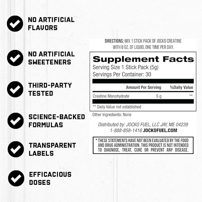 Jocko Fuel Creatine Stick Packs - Creatine Monohydrate Powder Travel Packs for Men & Women, Supplement for Athletic Performance & Muscle Health, 30 Servings 150g (Unflavored)