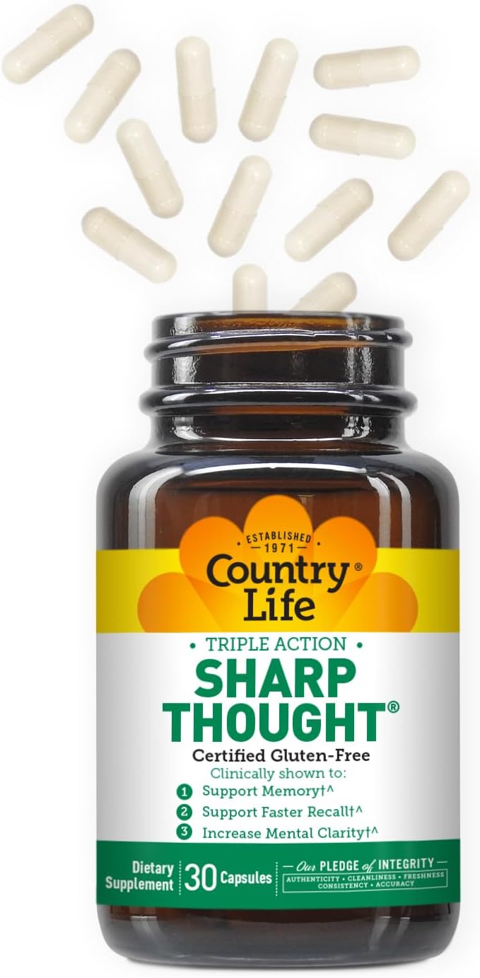Country Life Sharp Thought - Memory & Cognitive Support Supplement – Sharp-PS Gold Phosphatidylserine + DHA – Promotes Mental Clarity & Faster Recall – Gluten-Free, 30 Capsules