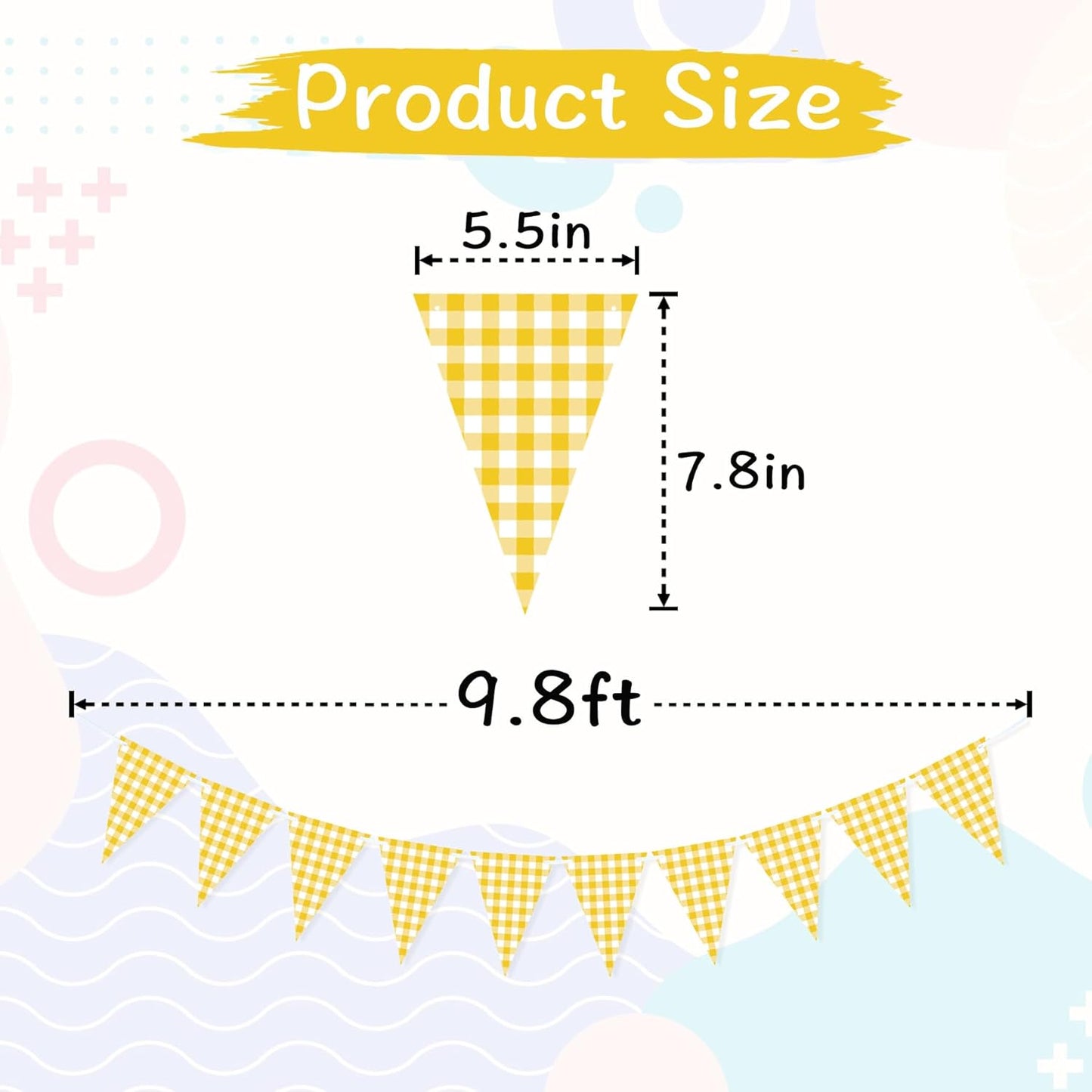 Yellow Gingham Banner for Picnic, BBQ Themed Party Decorations, Yellow and White Checkered Bunting Flag Garland for Lemon Wedding Baby Shower Birthday Party Supplies