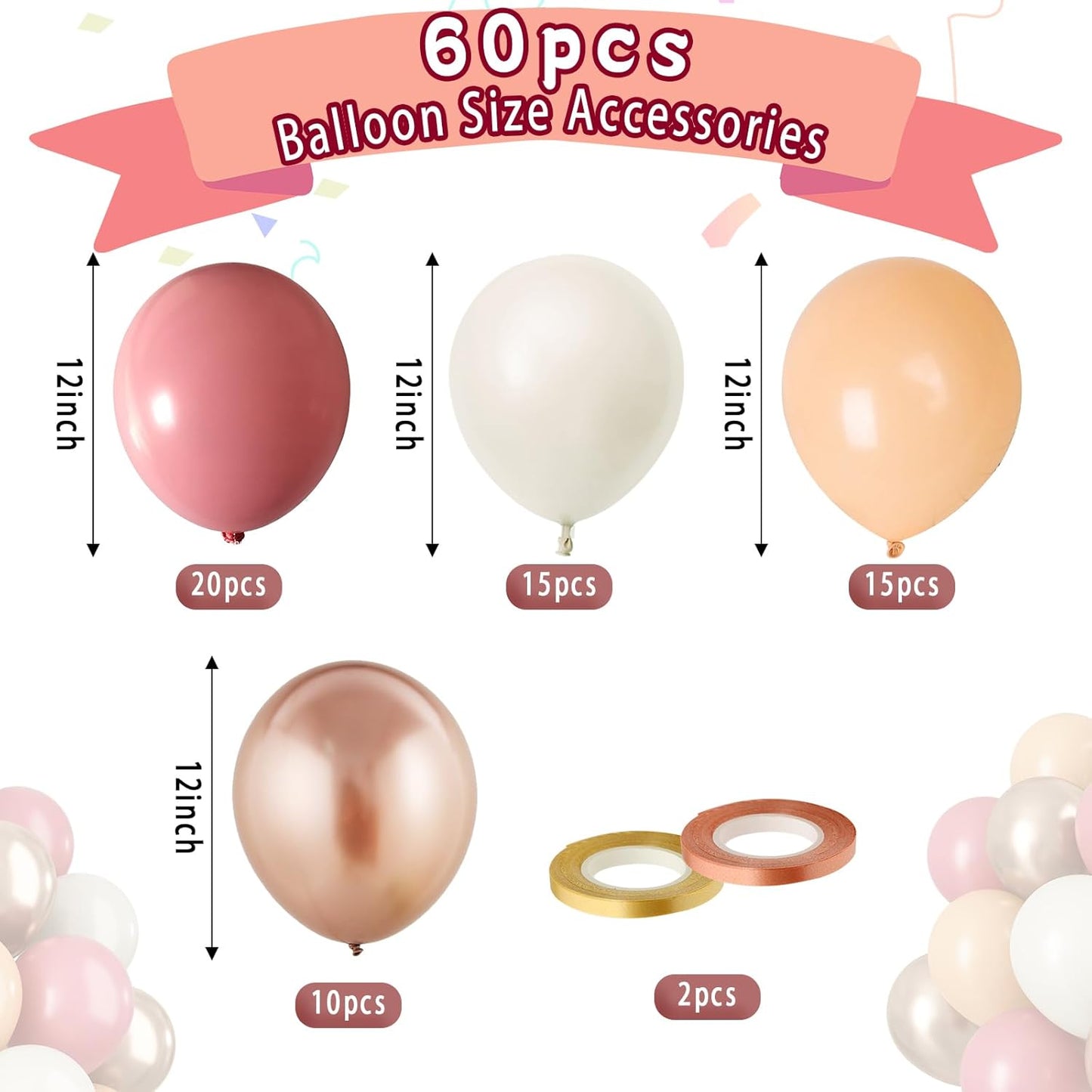 Paready Dusty Pink Latex Balloons, 60 Pcs 12 Inch Nude and Dusty Pink Balloon, Nude and Sand White Champagne Gold Balloons for Birthday Baby Shower Anniversary Wedding Bridal Shower Party Decoration