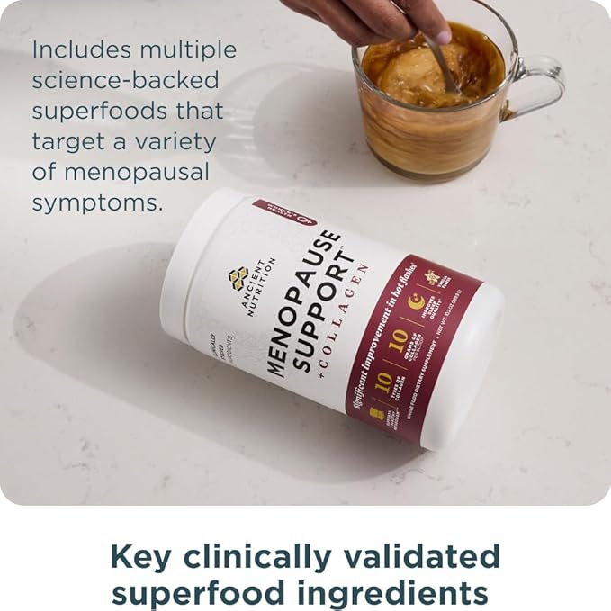 Ancient Nutrition Menopause Support + Collagen Powder, Hydrolyzed Collagen Peptides, Key Clinically Validated Superfoods, Significant Improvement in Hot Flashes and Sleep Quality, Vanilla, 25 Servings