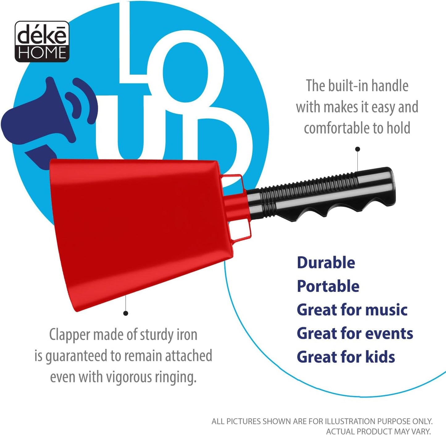 Deke Home - 2 Pack 10 Inch Steel Cowbells with Handle, Loud Noise Makers for Football, Sports, Parties, Competitions, School Spirit & Safety, Large Hand Bell for Cheering & Percussion Instrument