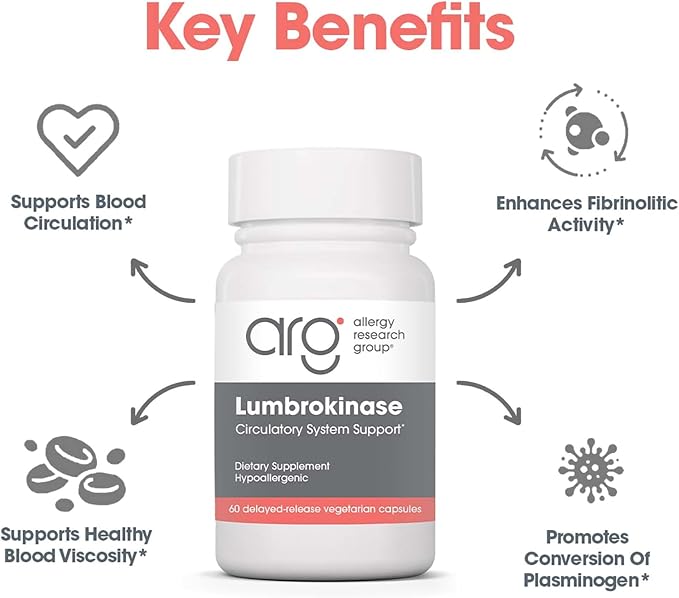 Allergy Research Group Lumbrokinase Supplement - Enzyme for Circulatory System Support, Supports Blood Circulation Already in The Normal Range, Cardiovascular Health - 60 Vegetarian Capsules