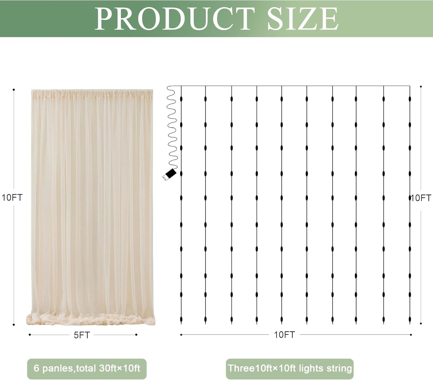 Tulle Backdrop Curtain with Lights String 30 X 10FT Champagne Sheer Tulle Backdrop Curtains for Wedding Birthday Party Reception Photo Booth Background Decorations (6 Panels 5x10FT)