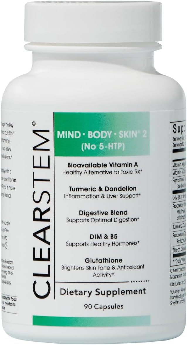 CLEARSTEM - MINDBODYSKIN Hormonal Acne Supplement (No 5-HTP) - Natural DIM Supplement - Skin Care Vitamins - Hormone Balance, Antioxidants - Gluten Free, Cruelty Free - 30 Servings, 90 Capsules