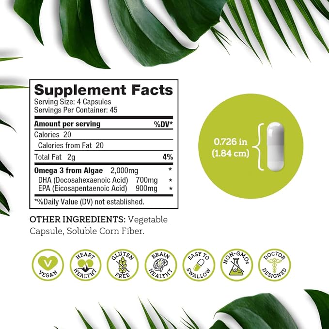 DSO Vegan Omega 3 Algae Supplement - 180 Capsules - Plant Based Fish Oil Alternative - EPA & DHA Supplements - Algae Omega 3 Fatty Acids Supplement - Eco-Friendly Packaging - Made in The USA