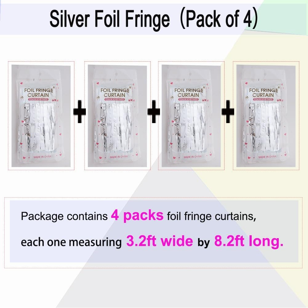 4 Pack Silver Foil Fringe Curtain - Silver Tinsel Streamer Backdrop Curtains for Birthday Party Decorations