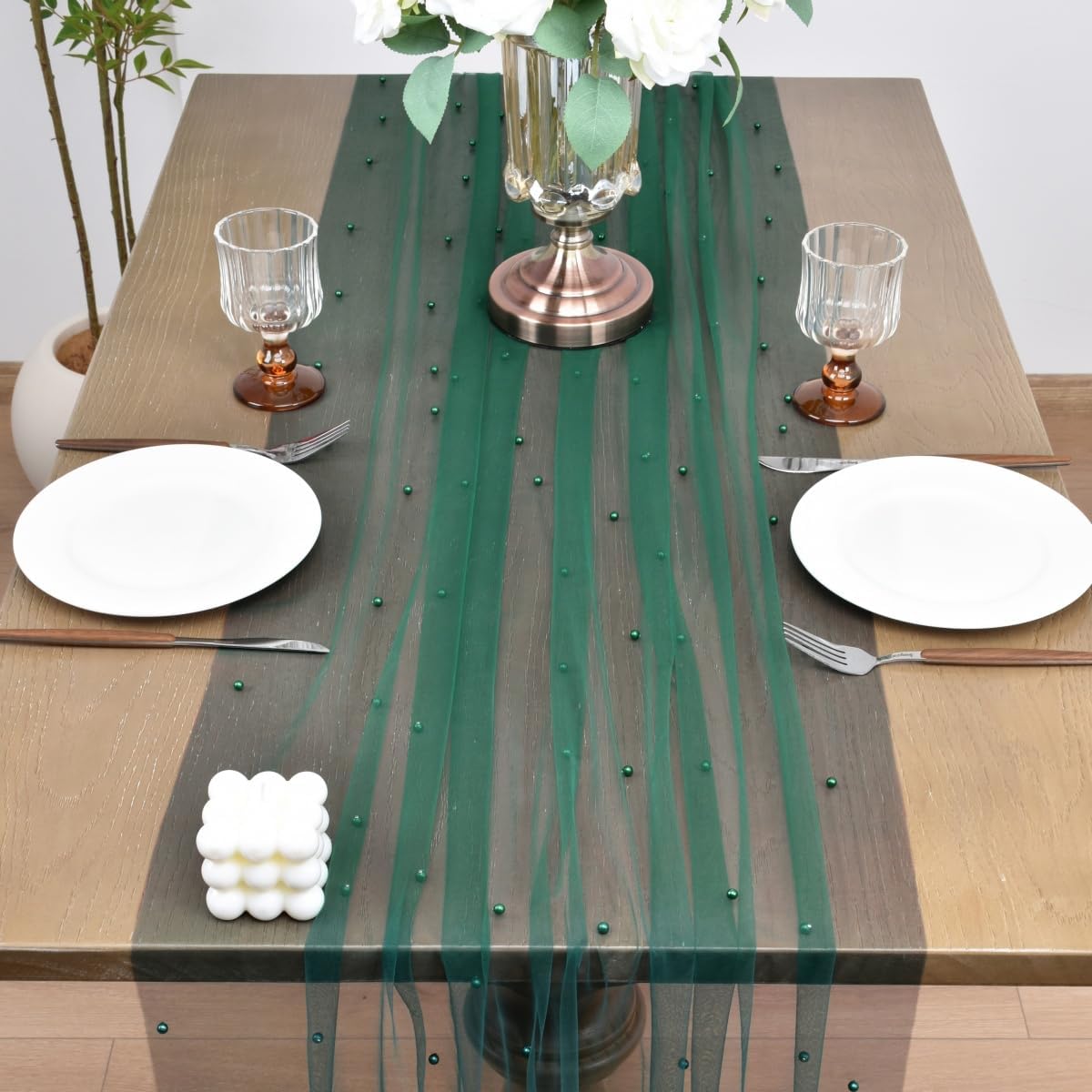 Joanlody Fall Pearl Table Runner 10ft Rustic Boho Tulle Table Runner with Pearls for Baby Shower Wedding Party Veil Dessert Thanksgiving Table Decor Emerald Green