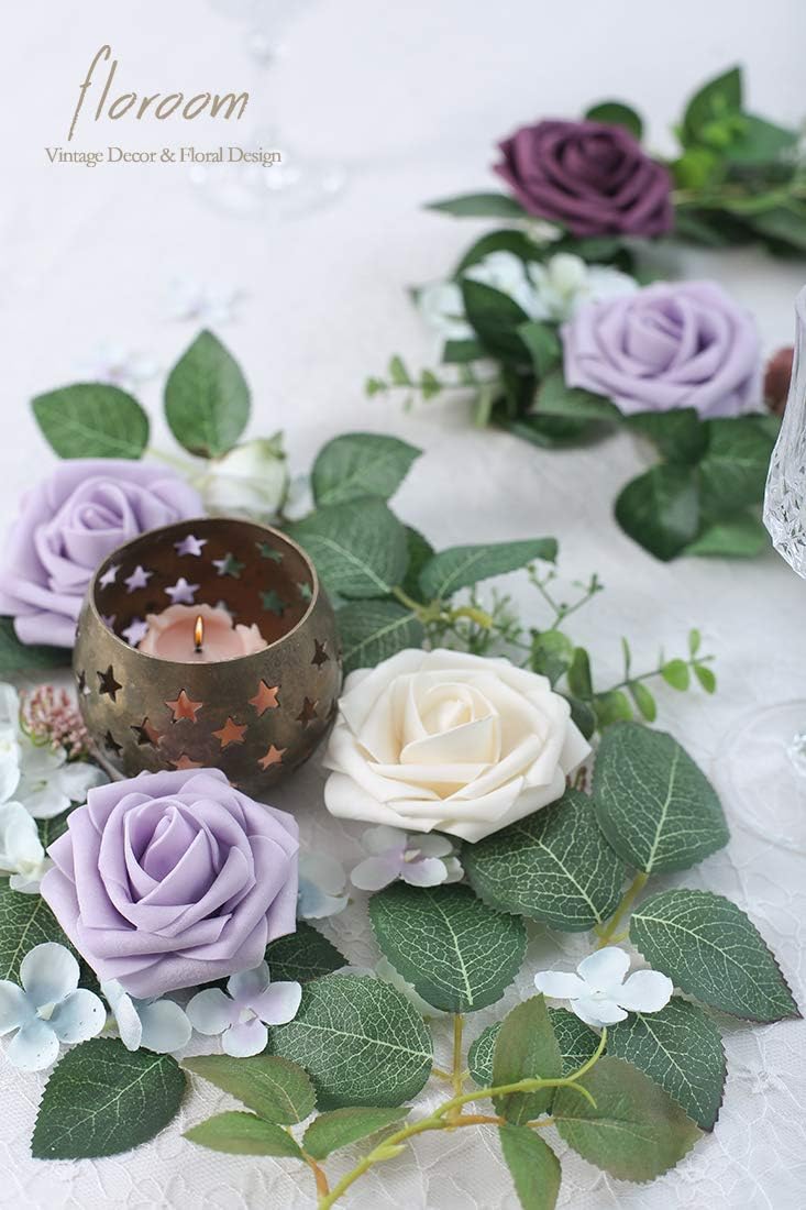 Floroom Artificial Flowers 25pcs Real Looking Cream Foam Fake Roses with Stems for DIY Wedding Bouquets Bridal Shower Centerpieces Floral Arrangements Party Tables Home Decorations