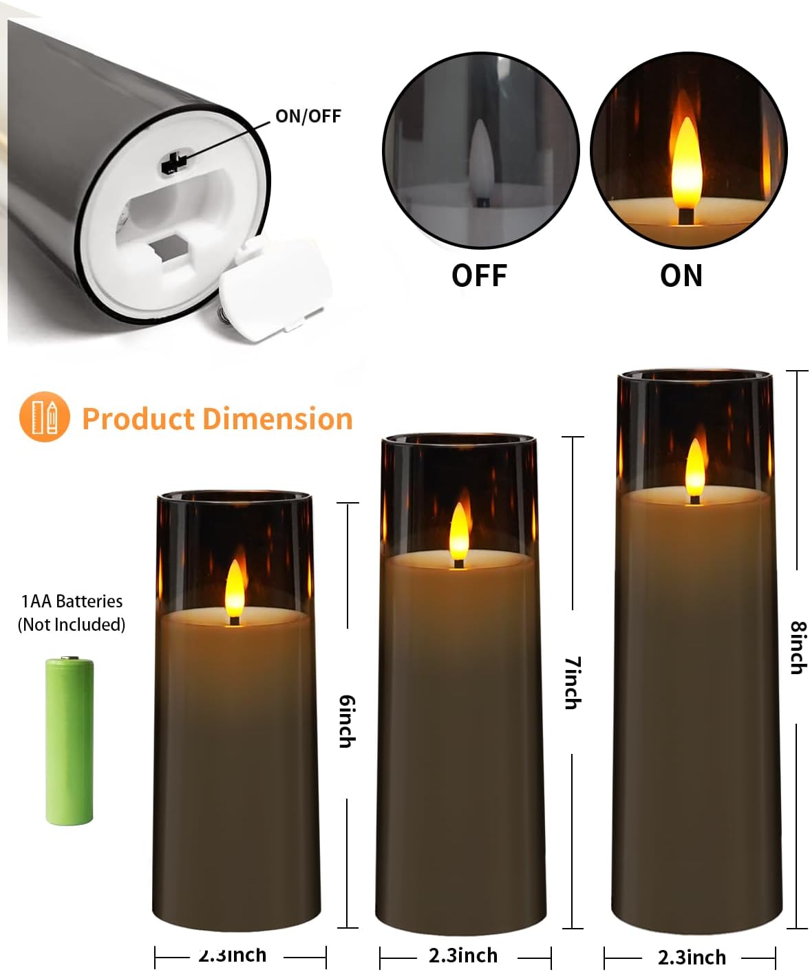 Flickering Flameless Candles Battery Operated with Remote and 2/4/6/8 H Timer Plexiglass Led Pillar Candles Pack of 9 (D2.3 xH 6" 7" 8") with Realistic Moving Wick Candles for Home Decor(Grey)