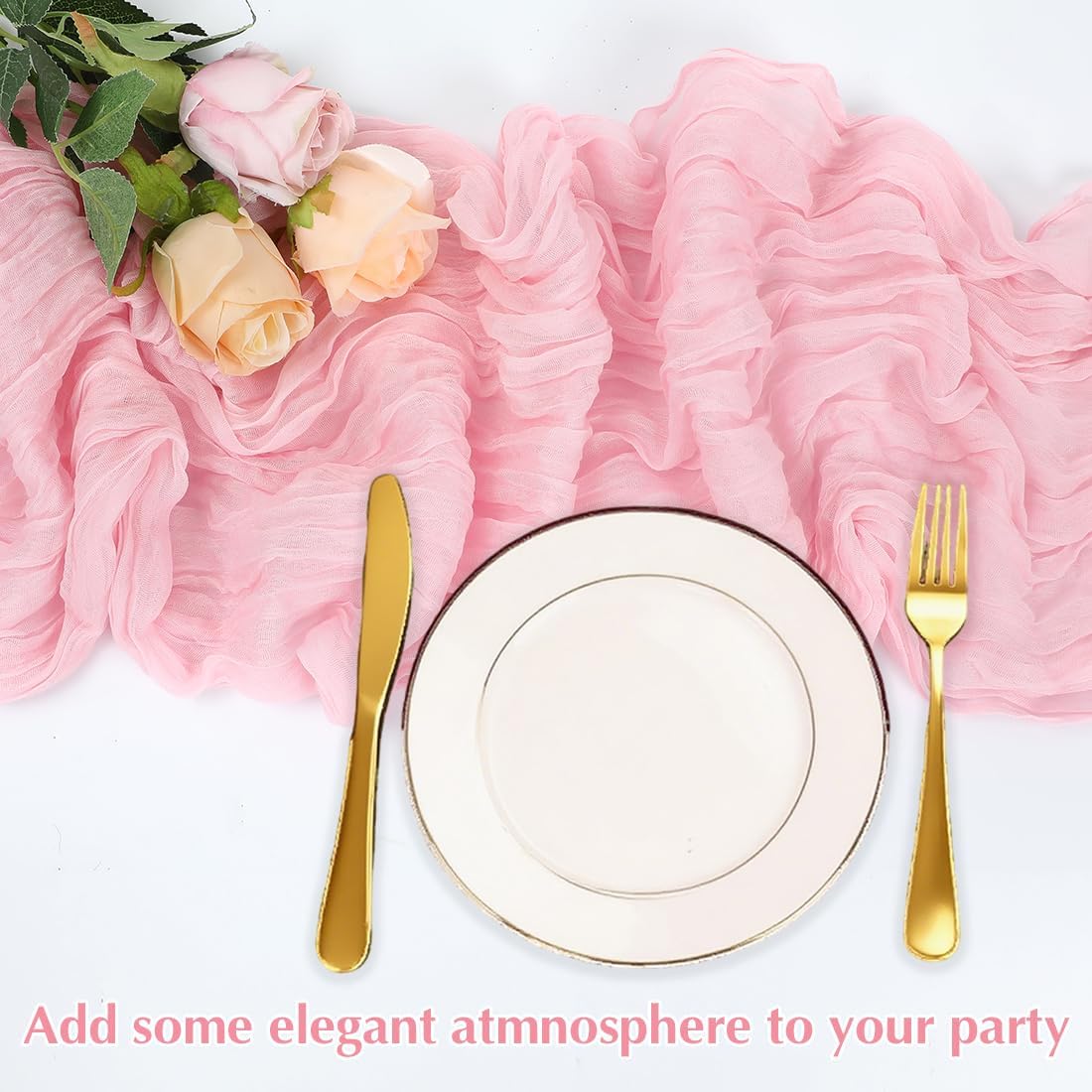 Pink Cheesecloth Table Runner -21*120Inch Long Boho Wedding Table Decor, Rustic Gauze Fabric Runner for Bridal Showers, Baby Showers & Parties (Sheer, Lightweight, Wrinkled Design)