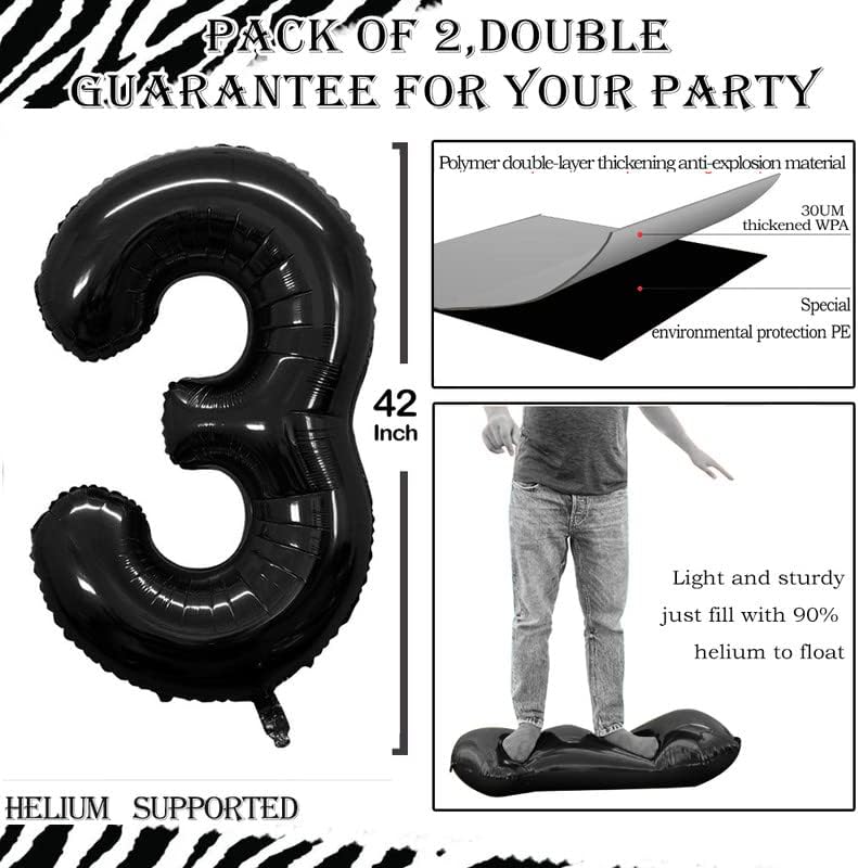 GOER Black Foil Balloons Number 3,Huge Number Balloons for 3rd Birthday Party Supplies Anniversary Decorations (3 pcs,42 inch,32 inch,16inch)