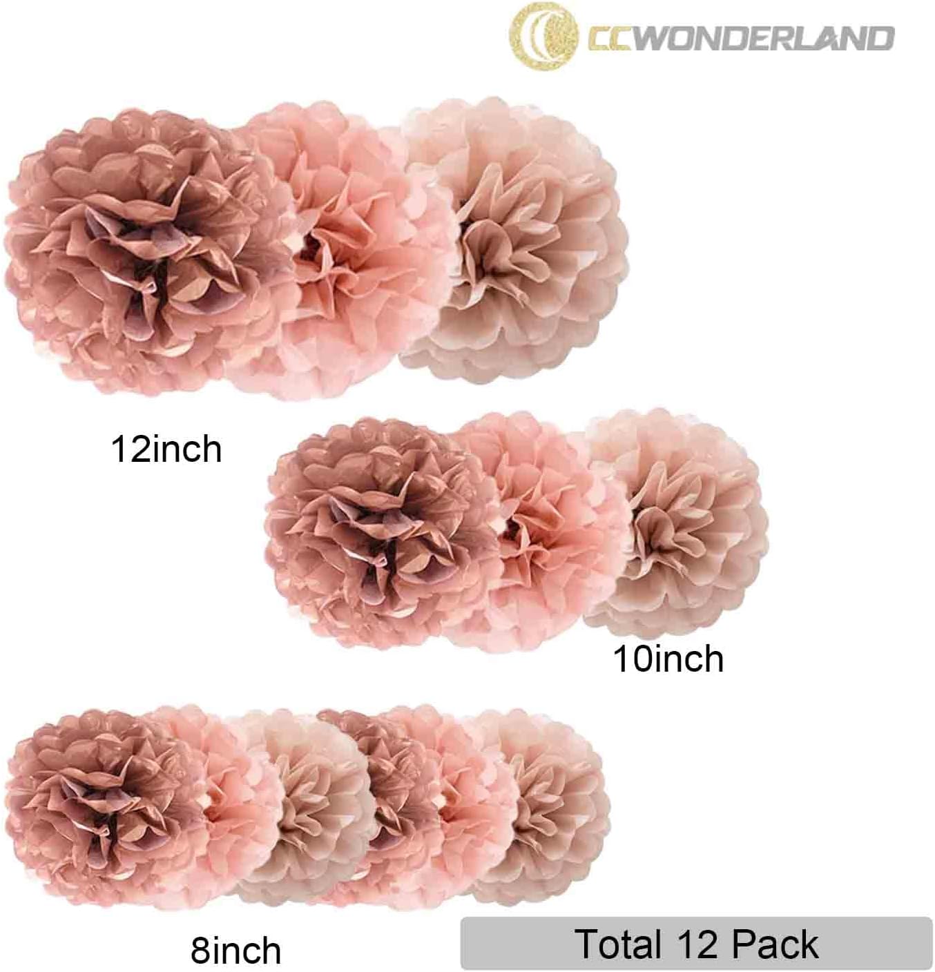 Rose Gold Tissue Paper Pom Poms-Blush Pink Tissue Paper Flowers-Wall Hanging Decorations for Bachelorette, Neutral,Bridal,Boho Wedding Baby Shower Decorations- Size of 8in,10in, 12in, Pack of 12