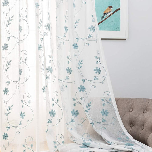Floral Embroidery Sheer Curtains Blue 63 Inches, Rod Pocket Voile Drapes for Living room, Bedroom, Window Treatments Semi Crinkle Curtain Panels for Yard, Patio, Villa, Parlor, Set of 2, 52"x 63".