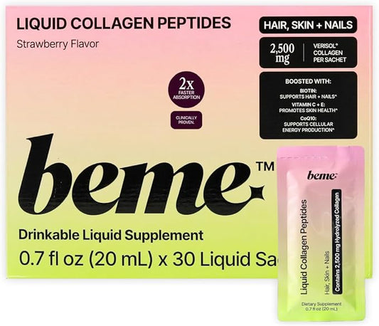 BeMe Liquid Collagen Drink for Radiant Skin, Strong Hair & Nails – VERISOL Collagen Peptides with Biotin, CoQ10 & Vitamin C – 98% Bioavailability for Fast Results – Beauty Supplement (30 Sachets)