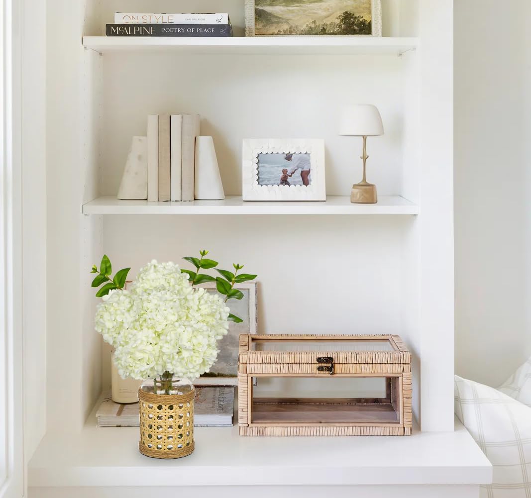 Hollyone White Hydrangea Artificial Flowers in Woven Glass Vase with Faux Water Silk Hydrangeas Fake Flowers Floral Arrangement for Home Indoor Bathroom Kitchen Office Table Centerpiece Shelf Decor