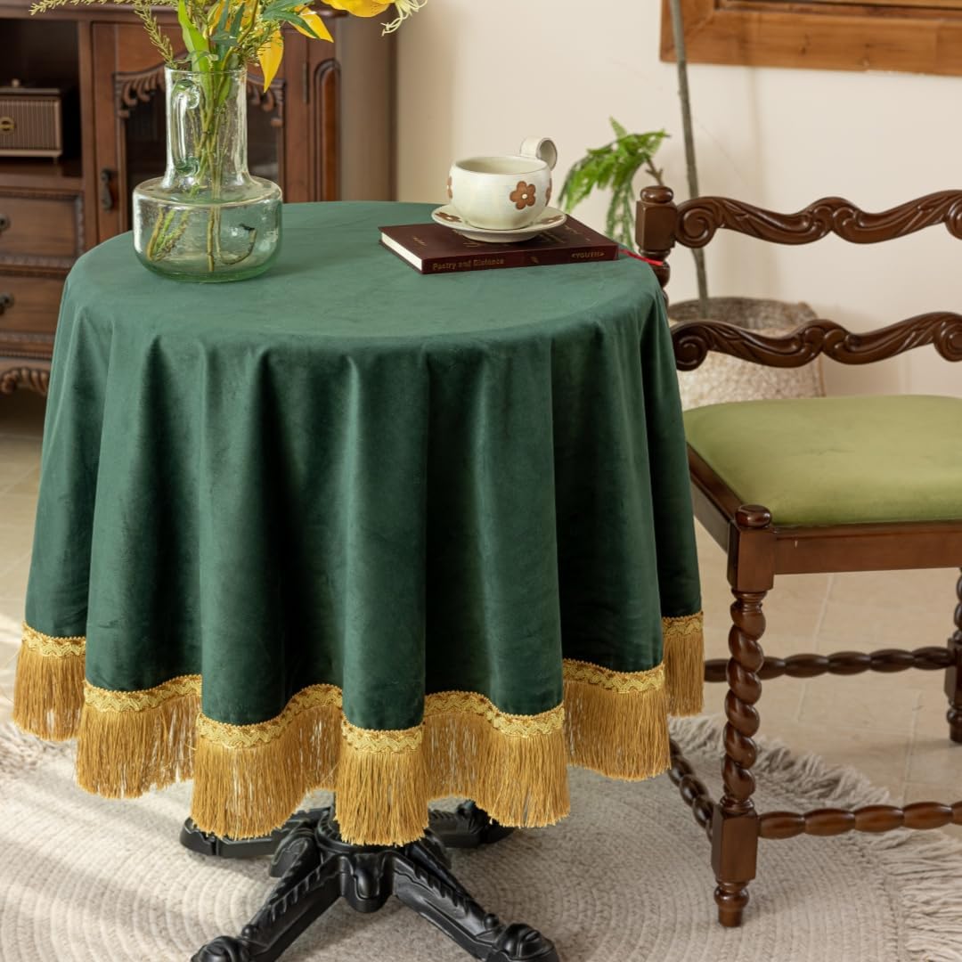 F-CHU Luxury Green Tablecloth Thickset Velvet Tablecloth with Beautiful Gold Tassels Vintage Table Cloth for Home Decor Wedding, Party, Banquet and Events 60" Round