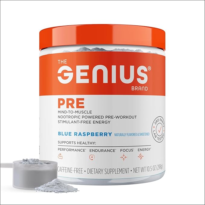 The Genius Brand Genius Pre - Clean Pre-Workout Powder for Energy, Focus & Fitness Support - No Artificial Flavors, Preservatives, or Proprietary Blends - Non-GMO - 20 Servings - Blue Raspberry