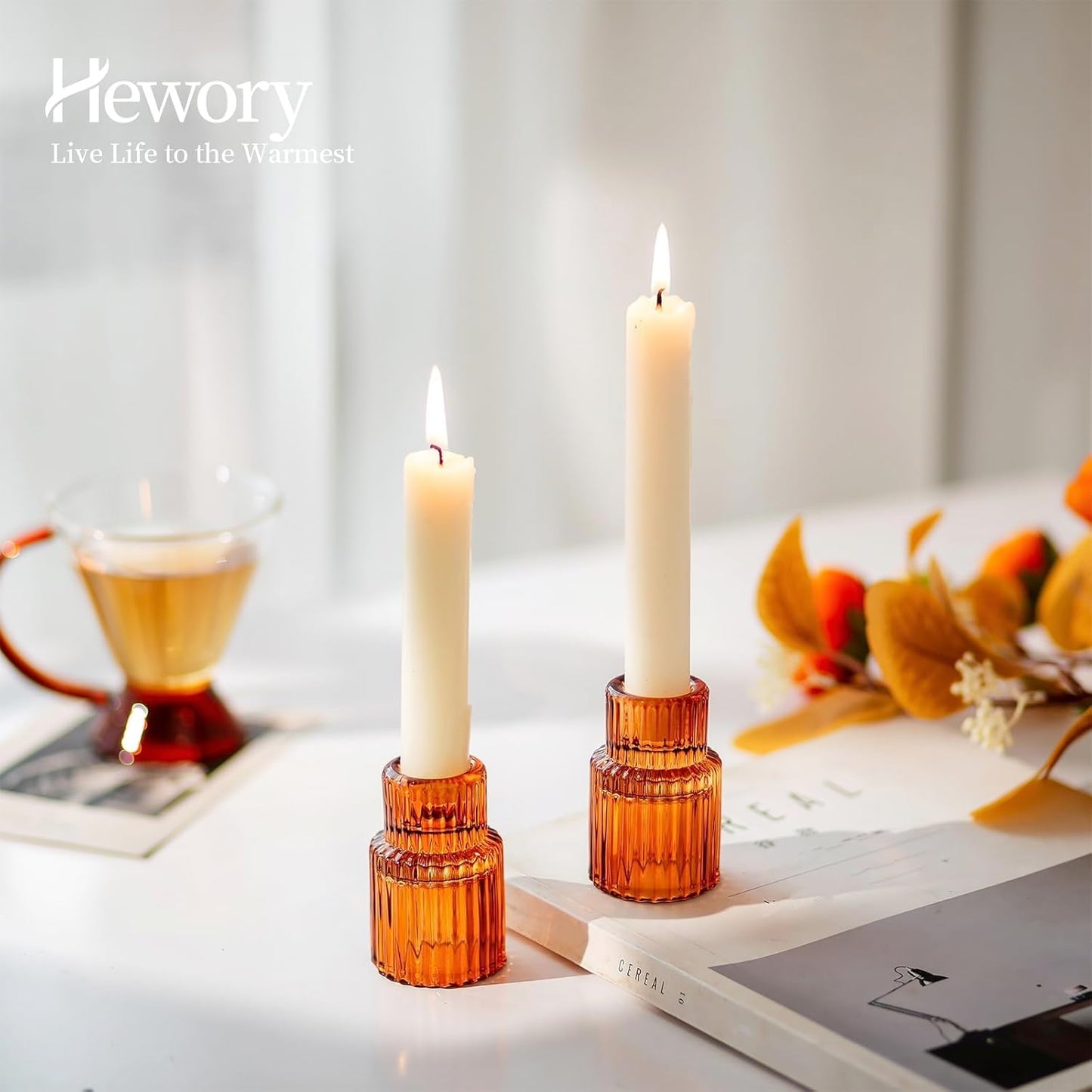 Hewory Glass Taper Candle Holders: 2PCS Amber Elegant Candle Holder Candlestick Holders Bulk, Ribbed Glass Candle Holder Candle Sticks Holder Decor for Table Centerpiece Fall Thanksgiving Home Decor