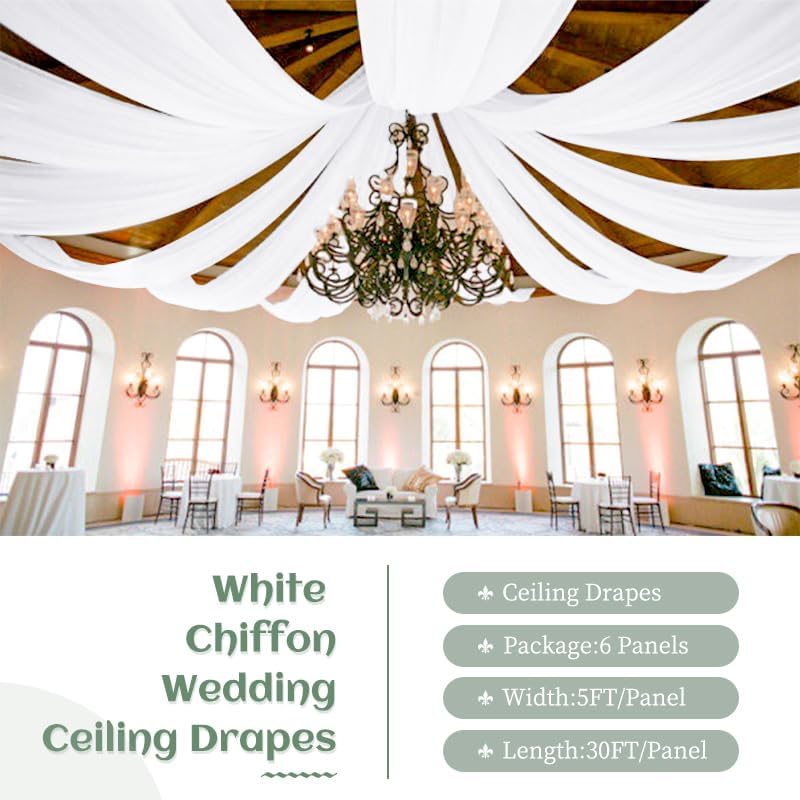 6 Panels White Wedding Ceiling Drapes 5ftx30ft Ceiling Drapes Chiffon Fabric Arch Draping Sheer Curtains Soft Drapery Draping Wedding Ceiling Decorations for Party Ceremony Stage Swag