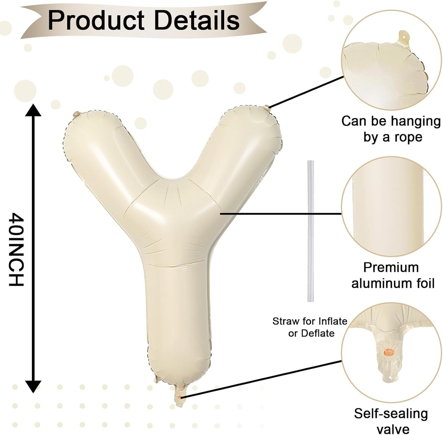 40 Inch Letter Balloons Y, Big Custom A-Z Alphabet Foil Name Balloon Cream White, Self Inflating Beige Customize Helium Balloon Letters Y for Women Girls Birthday New Year Baby Shower Party Decoration