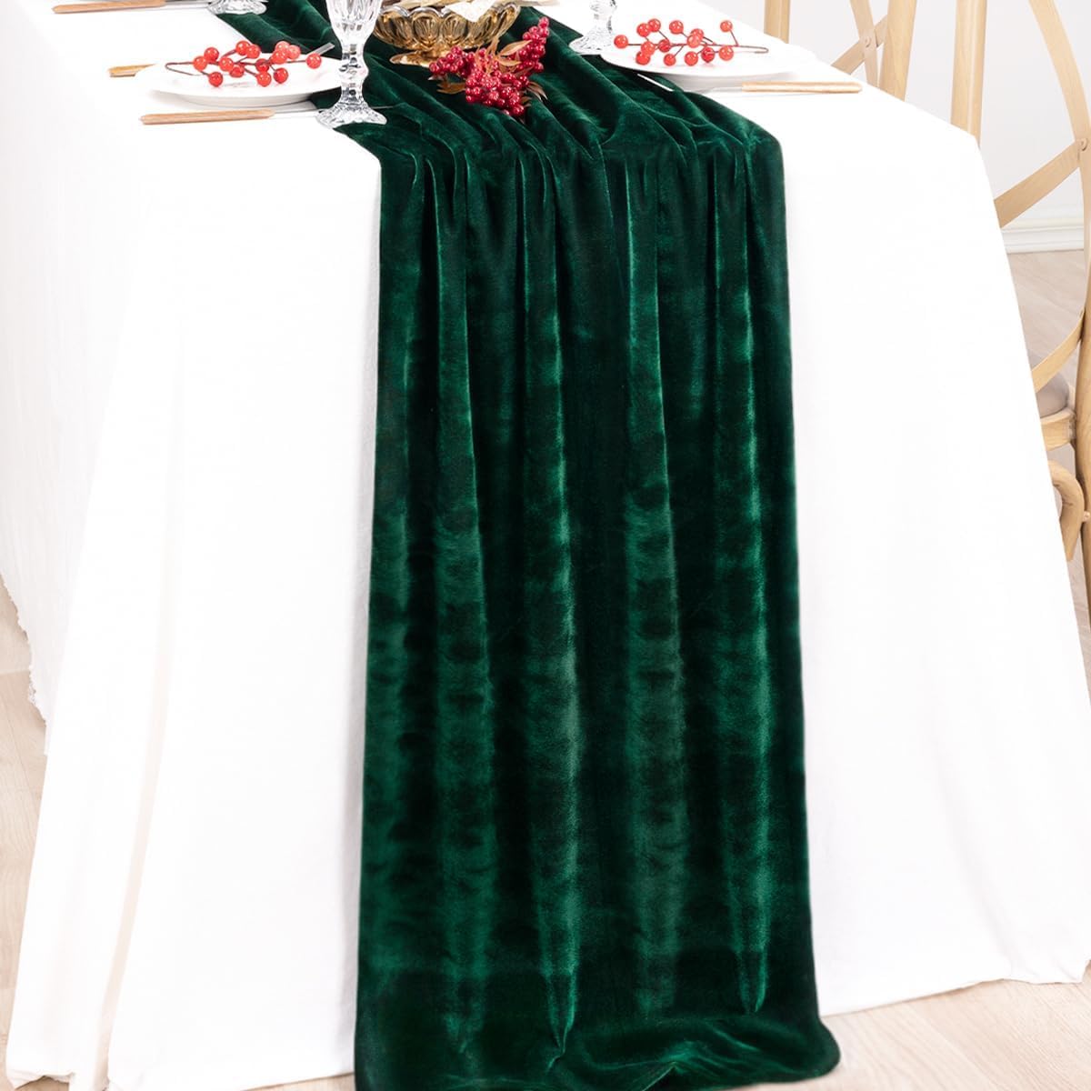 MLMC 2 Pack Emerald Green Velvet Table Runner 10ft Luxury Dark Green Velvet Fall Table Runner 20x120 Inches Glossy Wedding Table Runner for Bridal Shower Birthday Party Gathering Decor