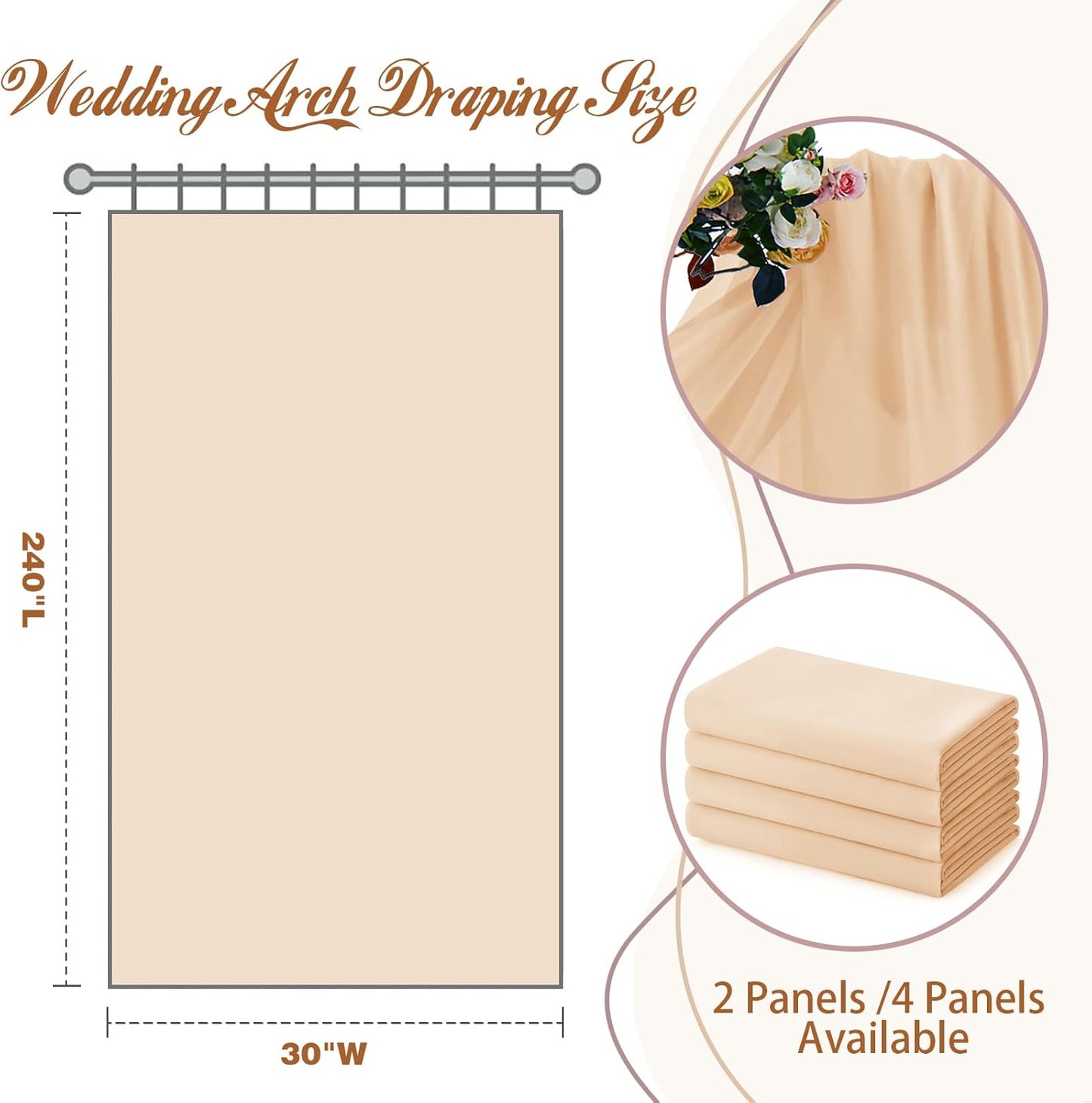 SiinvdaBZX 4 Panels Wedding Arch Draping Fabric 30" x 20Ft Champagne Sheer Chiffon Fabric Outdoor Extra Long Decorative Drapery for Party Ceremony Ceiling Curtain Backdrop