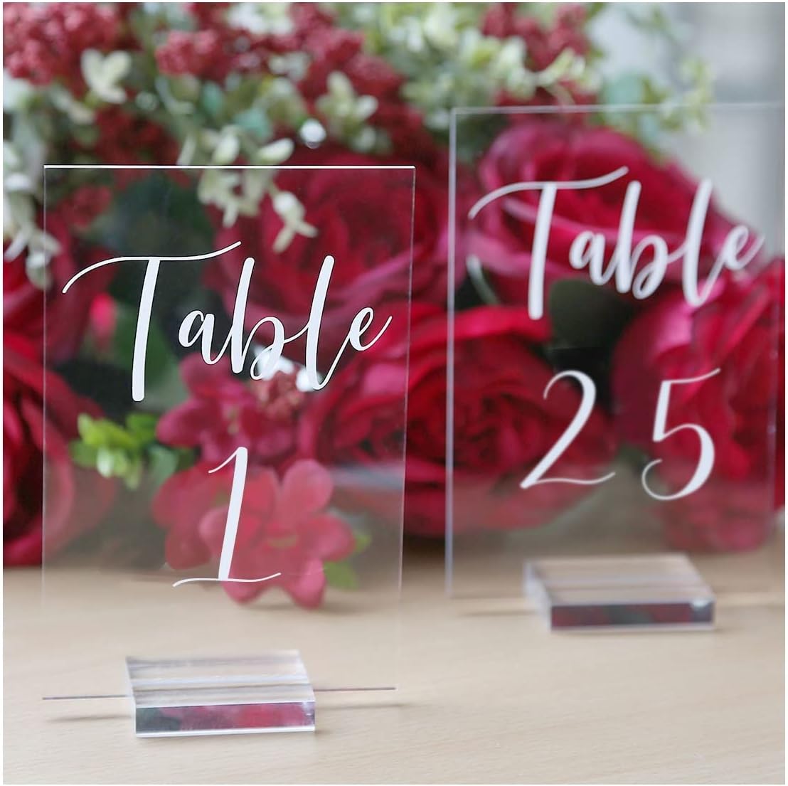 UNIQOOO Acrylic Wedding Table Numbers 1-25 with Stands | 4x6 inch Printed Calligraphy, Clear Table Number Signs and Holders | Perfect for Wedding Reception, Centerpiece Decoration, Event, Party