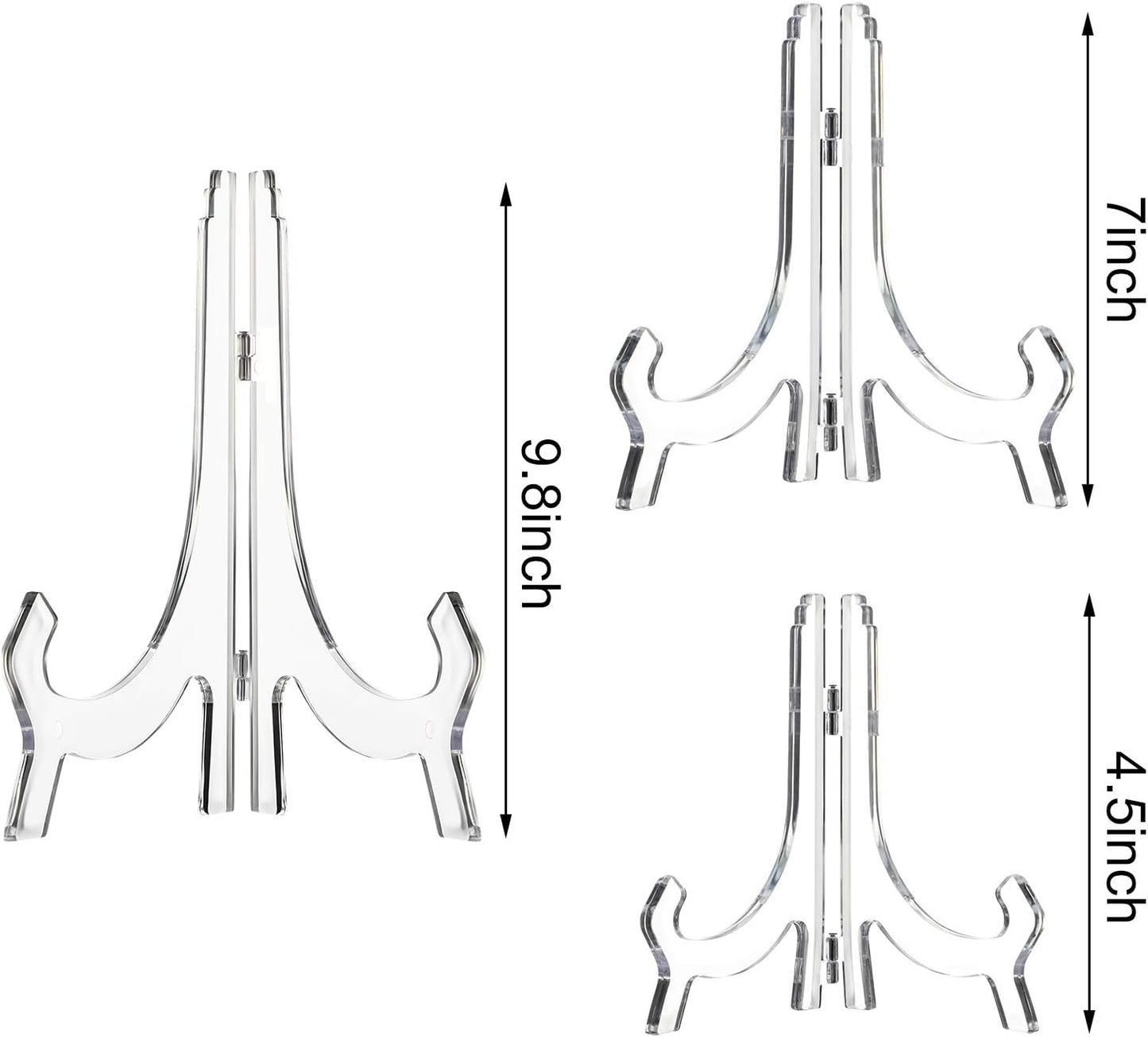HESTYA 3 Pieces 4.5/7/9.8 Inch Clear Acrylic Easels Display Stands Plate Stands Holders to Display Pictures or Other Items for Weddings, Birthdays, Home Decoration, Tables
