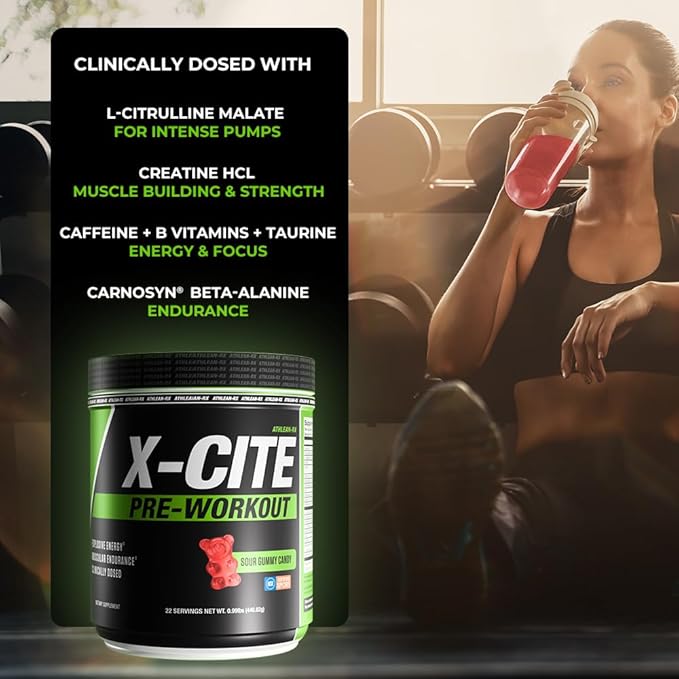 X-CITE Pre-Workout by ATHLEAN-X - Enhanced Formula with Beta-Alanine, Creatine & Caffeine for Ultimate Energy, Endurance, Focus & Muscle Pump, NSF Certified for Sports (22 Servings, Sour Gummy Bear)