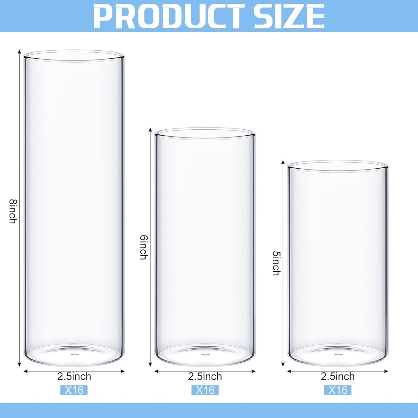 Thin Glass Cylinder Vases 2.5''/3.3'' Diameter 2mm Wall Thickness Clear Flowers Vase Hurricane Floating Candles Holders for Table Centerpieces Wedding Decor(2.5'' X 5'',6'',8'',48 Pcs)