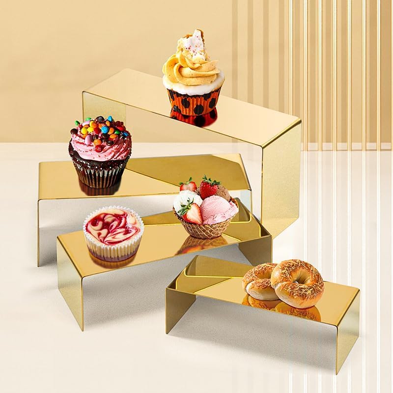 4 Pcs Gold Stainless Steel Display Risers, Display Stand for Cupcake Dessert Perfume Purse Handbag Shoe Jewelry and Funko Pop