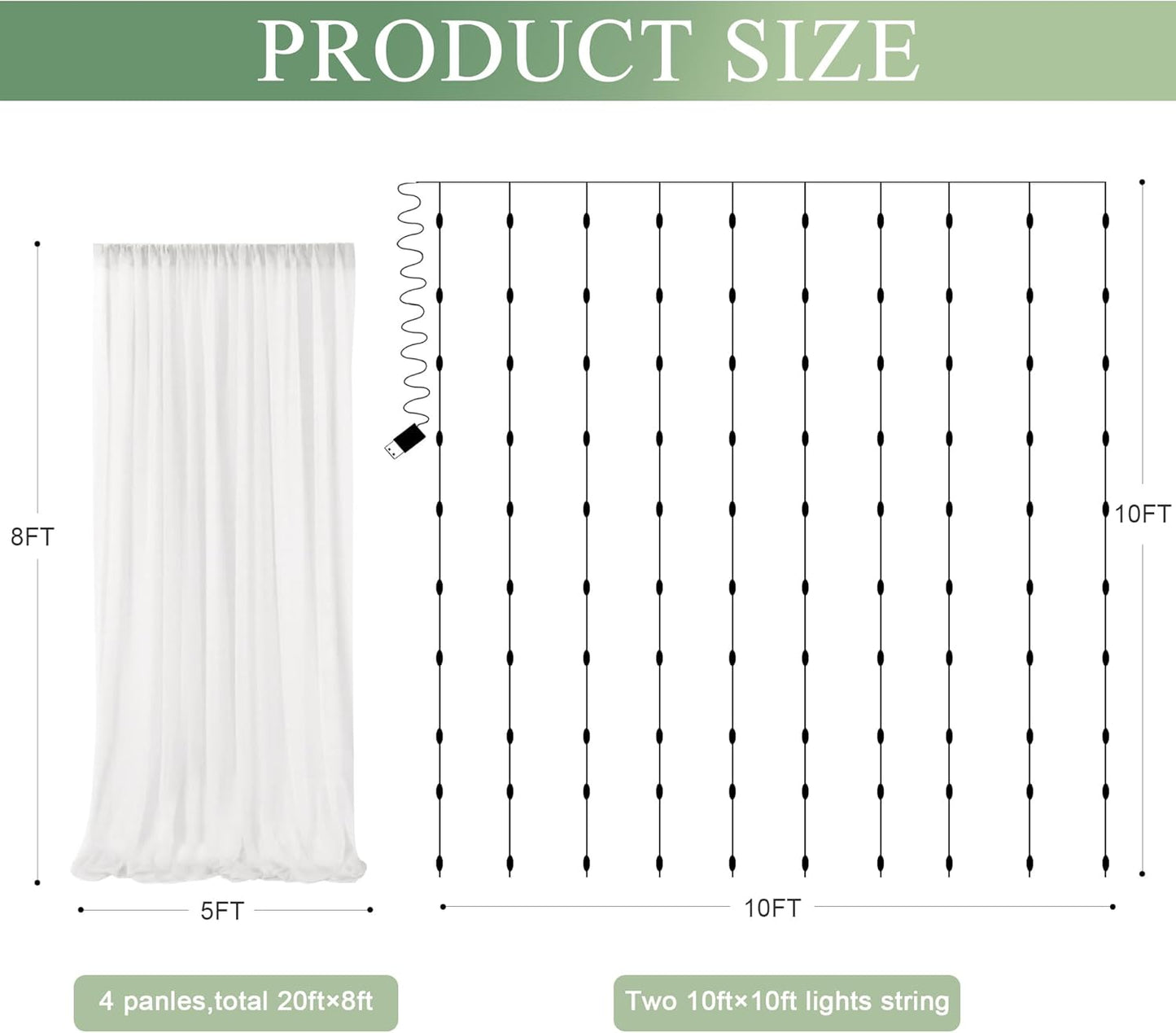 Tulle Backdrop Curtain with Lights String 20 X 8FT Ivory Sheer Tulle Backdrop Curtains for Wedding Birthday Party Reception Photo Booth Background Decorations (4 Panels 5x8FT)