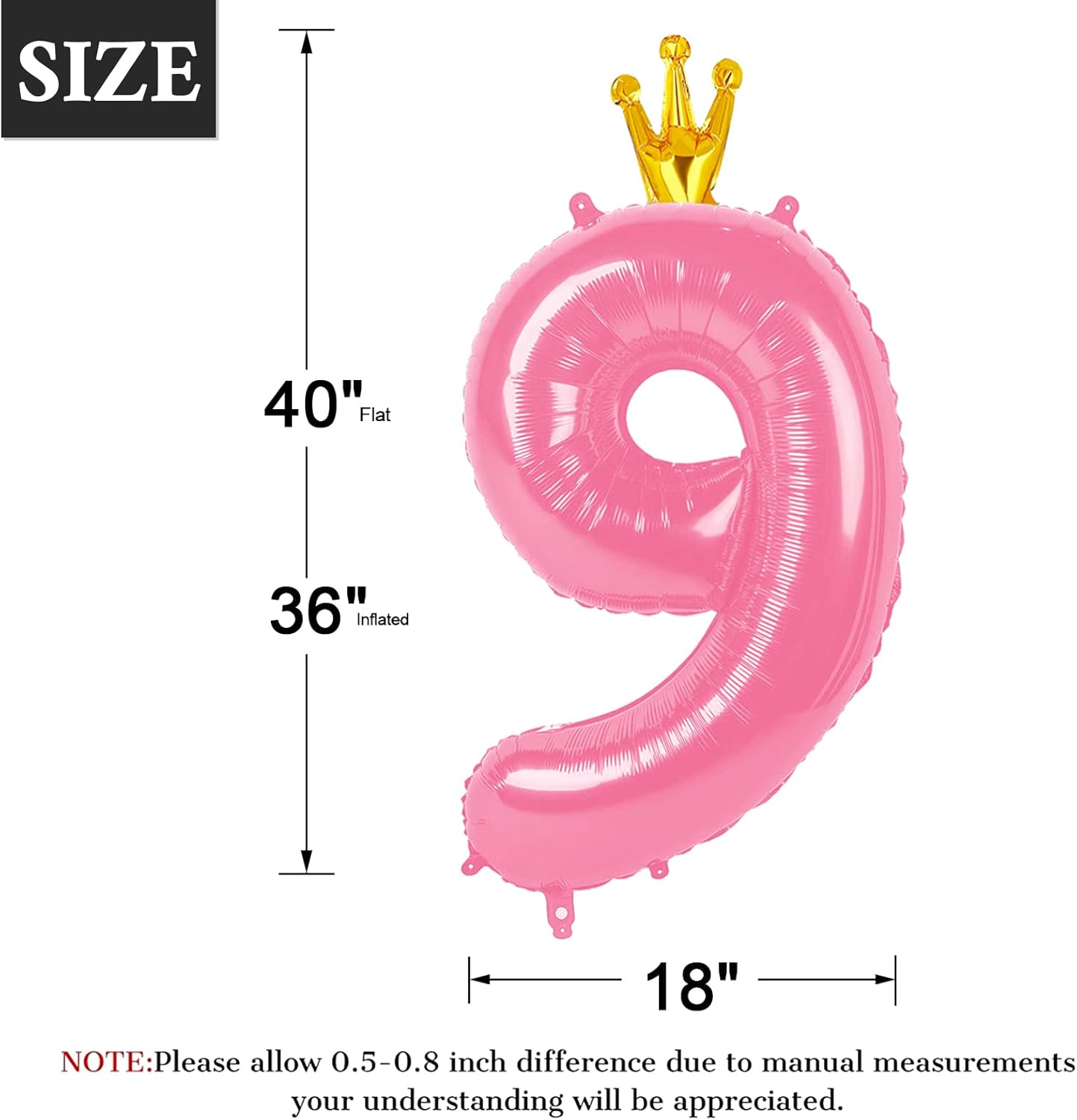 40 Inch Pink Number Balloon 0-9(Zero-Nine) with Crown, Big Size Happy Birthday Balloon, Foil Helium Big Number Balloon for Birthday Party,Wedding, Anniversary (PINK 9)