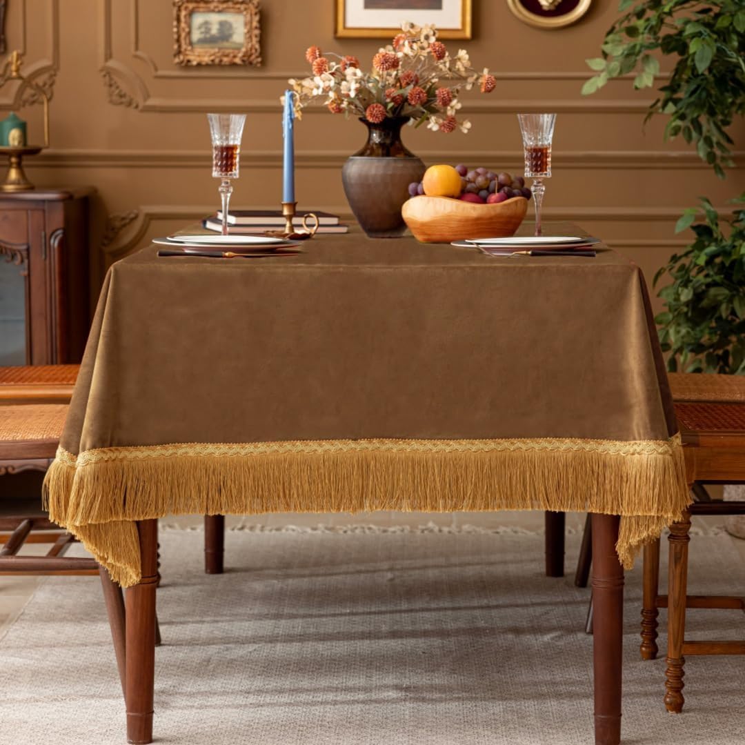 F-CHU Luxury Camel Tablecloth Thickset Velvet Tablecloth with Beautiful Gold Tassels Vintage Table Cloth for Home Decor Wedding, Party, Banquet and Events 60x102-Inch