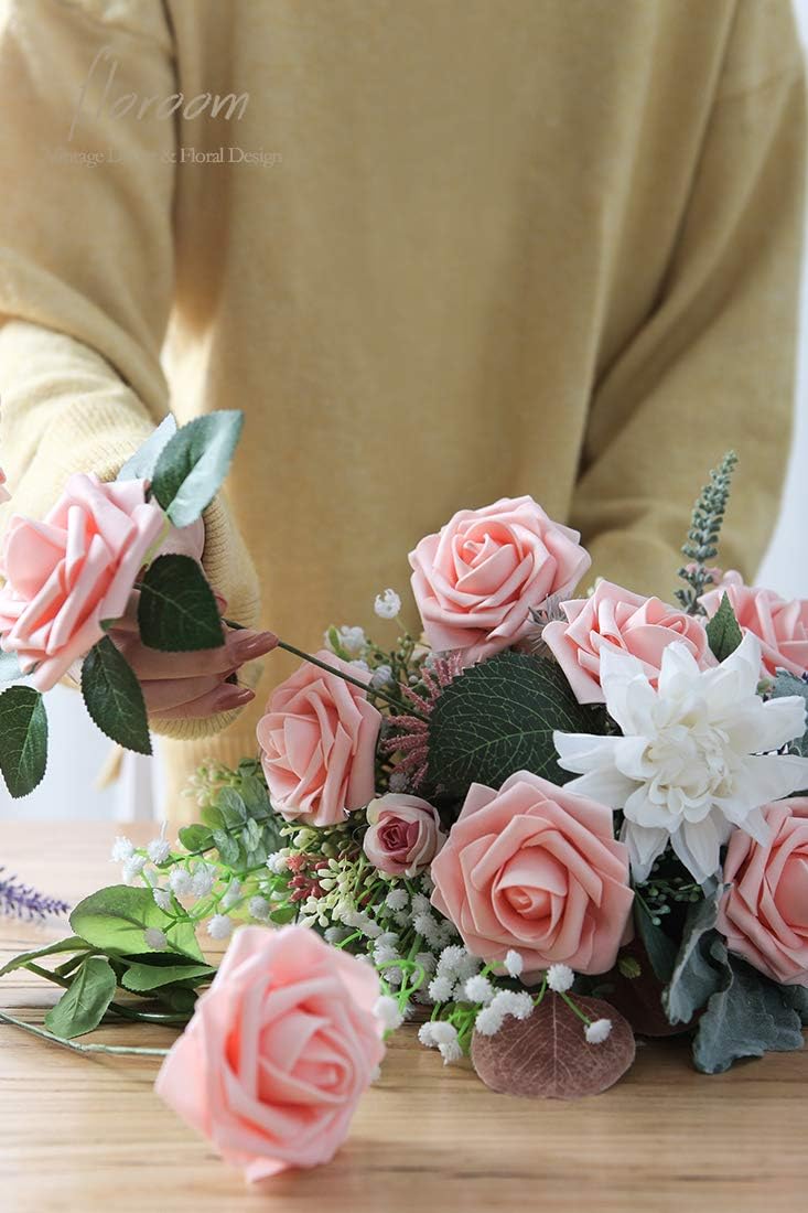Floroom Artificial Flowers 25pcs Realistic Peach Pink Foam Fake Roses with Stems for DIY Wedding Bouquets Bridal Shower Centerpieces Floral Arrangements Party Tables Home Decorations