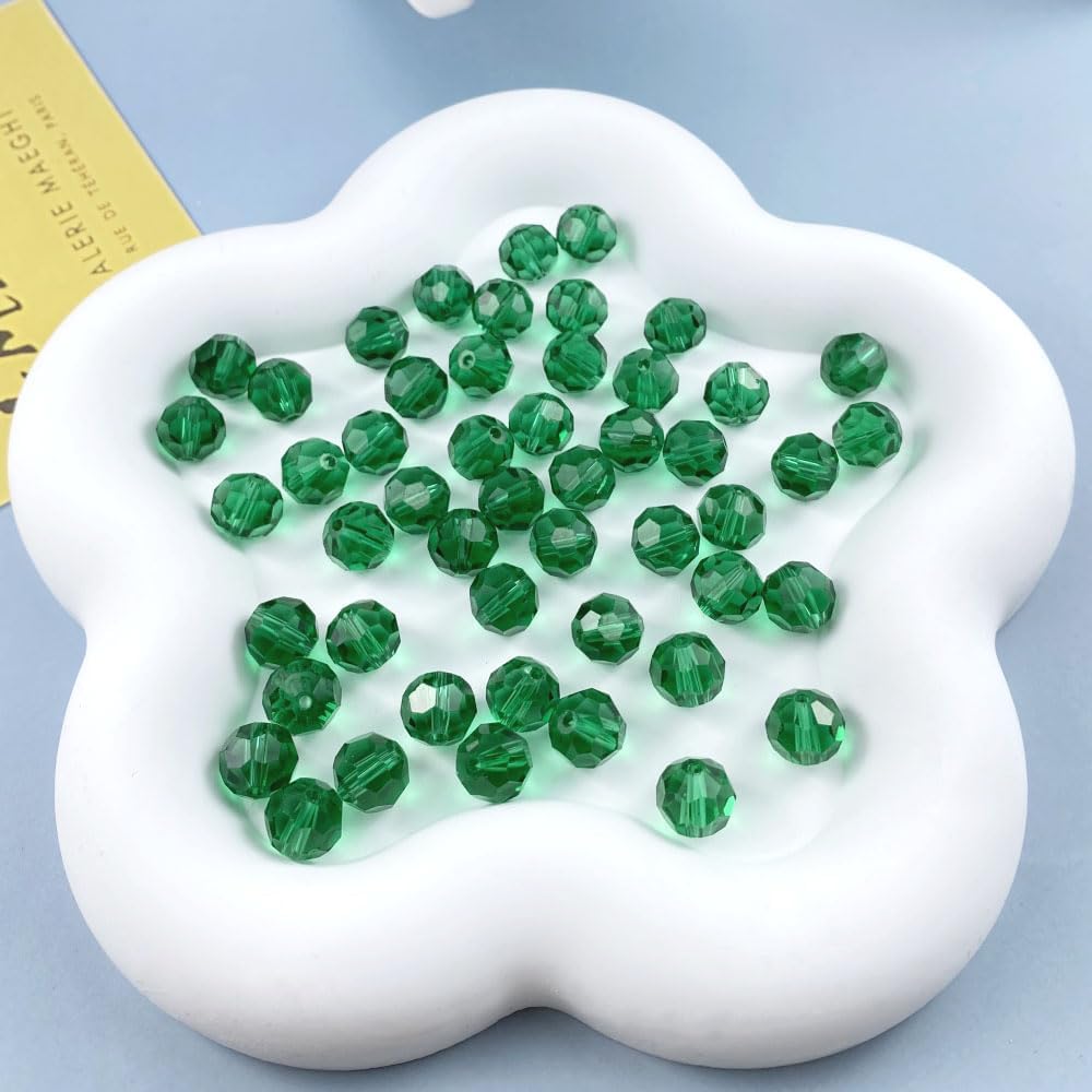 50 PCS 10mm Crystal Glass Beads Round Multiple Faceted Loose Spacer Glass Beads for DIY Handcrafte Bracelet Necklace Earring Jewelry Making(Malachite Green)