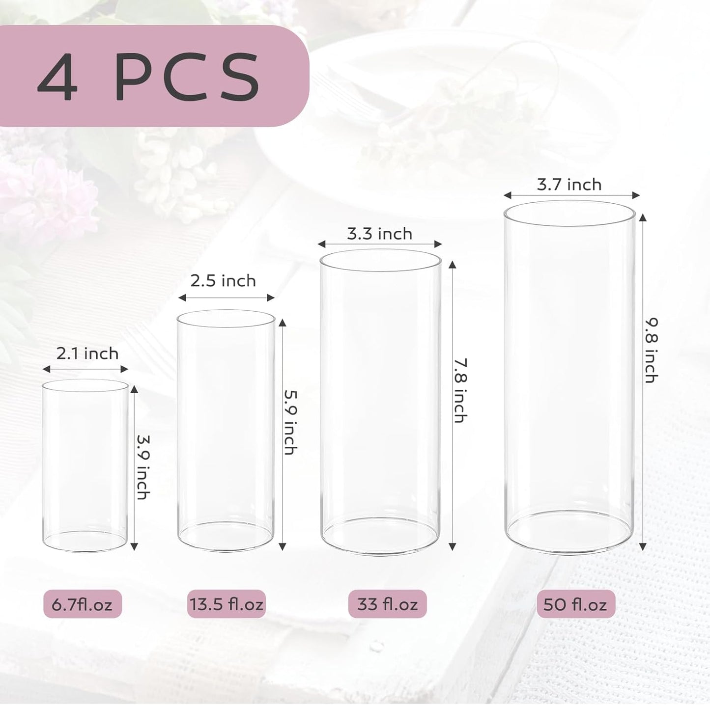 4 Pcs Glass Cylinder Vases Set, 4/6/8/10 Inch Modern Flower Vases for Centerpieces, Bud Vase Arrangements & Floating Candles – Wedding/Christmas/Home Decor Essentials
