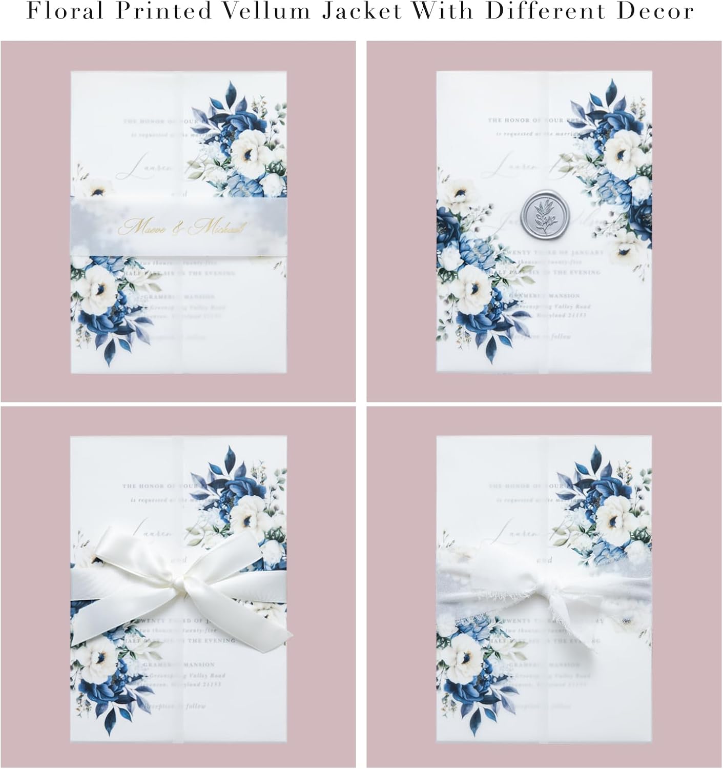 PONATIA 50PCS Vellum Jackets for 5x7 Invitation Cards- 135GSM Dusty Blue Flowers Vellum Sleeves, Wedding Invitations Wraps - Transparent Christmas Gift Cards Jackets