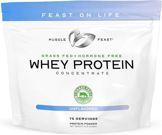 Muscle Feast Grass-Fed Whey Protein Concentrate Powder, All Natural, Hormone Free Pasture Raised Whey Protein Powder for Women & Men, Clean, Non-GMO & Gluten Free Whey Concentrate - Unflavored, 5lb