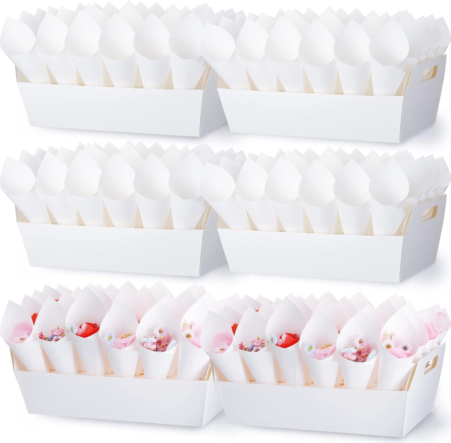 6 Set Wedding Confetti Cone Holder Box Each Includes 30 Pieces of Cone Papers and 30 Holes for 30 Confetti Cones Box Party Confetti Cone Kraft Stand Tray Box for Wedding Party Candy Flower(White)