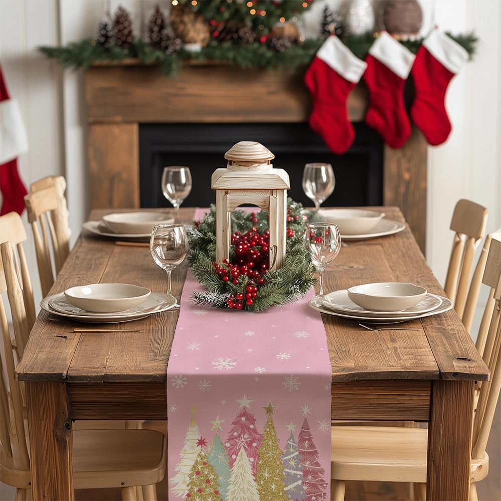 GEEORY Christmas Table Runner 13x60 Inch, Xmas Trees Snowflakes Holiday Decorative Farmhouse Table Decoration for Kitchen Dinning, Indoor Outdoor Dinner Party Decor (Pink) GT153-60
