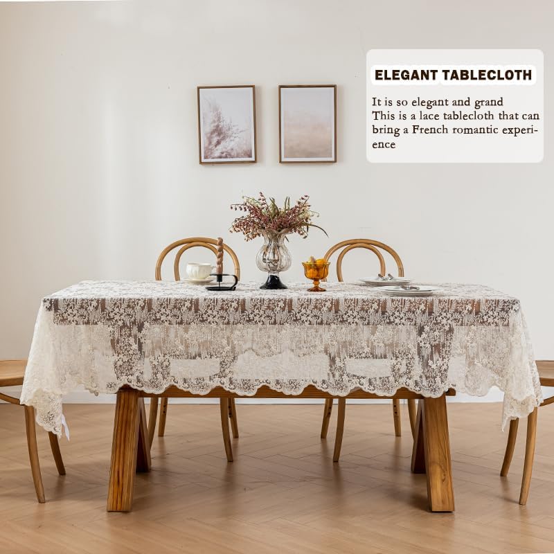 Lace Embroidered Tablecloth. Rectangle Lace Vintage Tablecloth Dustproof Table Protector for Kitchen Dining Room Party Banquet Home Picnic Wedding Decoration (Creamy White 98×53 inch)