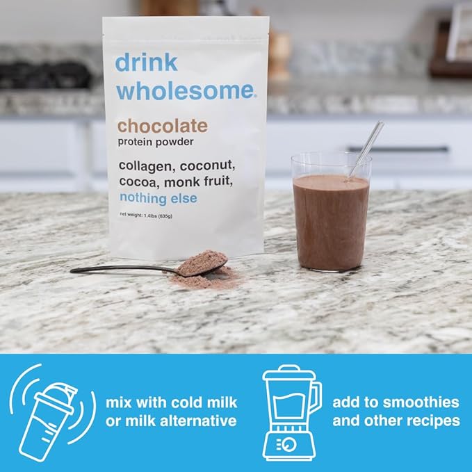 drink wholesome Chocolate Collagen Protein Powder | for Sensitive Stomachs | Gut Friendly | Additive & Dairy Free | No Artificial Sweeteners | No Bloating, Farts or Gas | No Constipation or Diarrhea